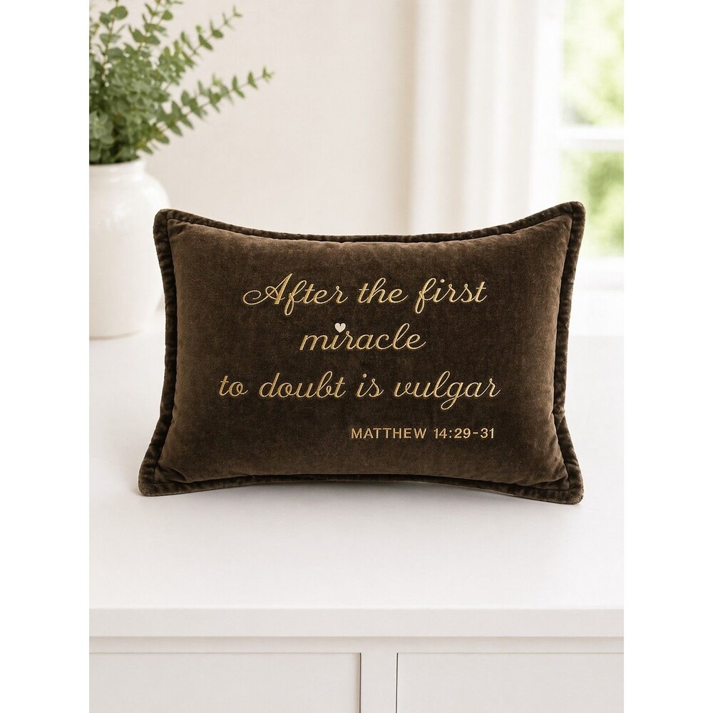 Velvet Scripture Throw Pillow Brown Gold Embroidered Matthew 14:29 Decorative